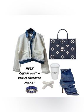 NVLT Cream & Knit Sweater Jacket with Denim Trim NWT